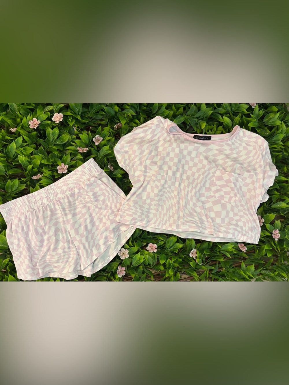Derek Heart Pastel Pink & White Checkerboard Crop Top and Shorts Set